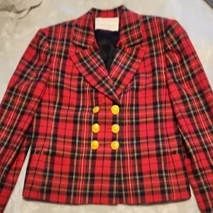 Lord & Taylor Red Plaid Blazer with Yellow Buttons